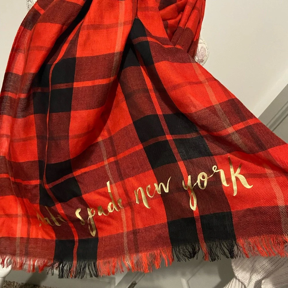 kate spade Red and Black Plaid Lightweight Wrap Scarf